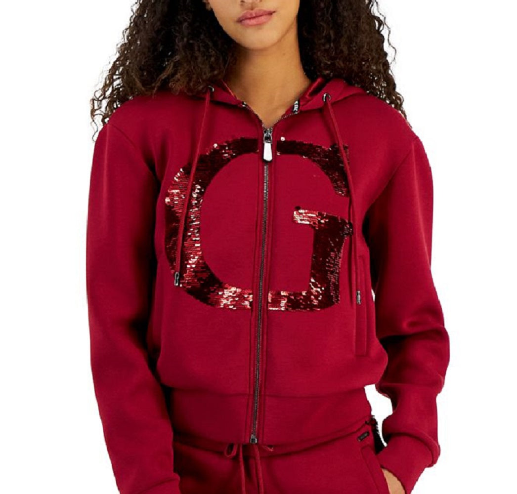 GUESS Daphne Embellished Zip Front Hoodie Sweatshirt Jacket Vermelho Tamanho Grande