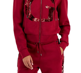 GUESS Women's Daphne Embellished Zip Front Hoodie Sweatshirt Jacket Red Size Large