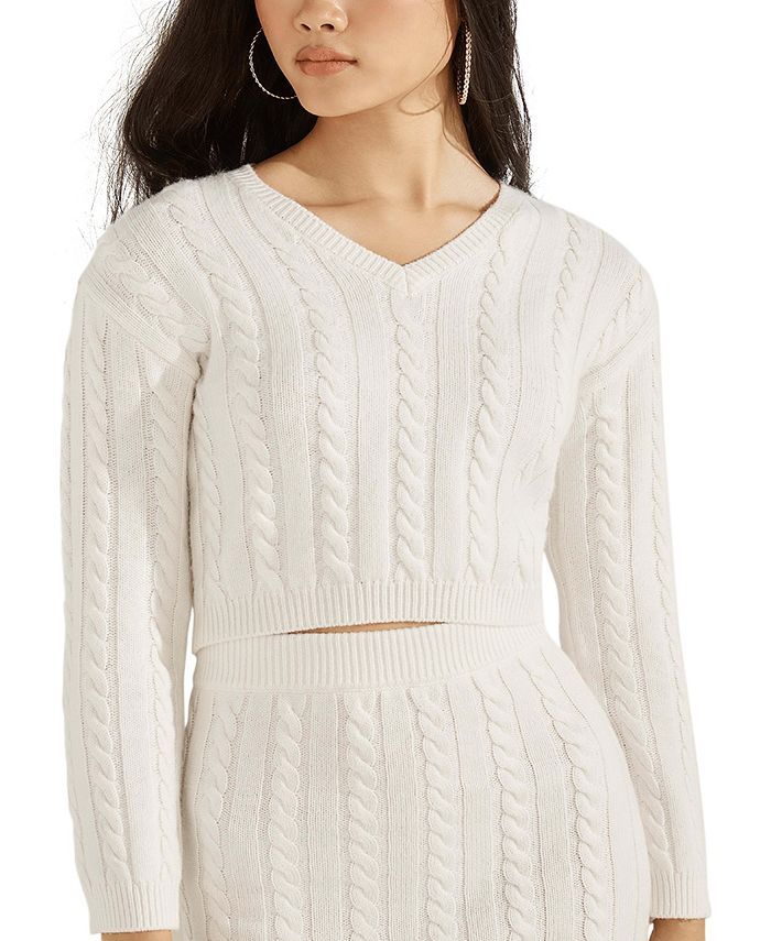 Suéter curto de malha trançada Dora Cable Knit GUESS feminino, branco, tamanho X-S