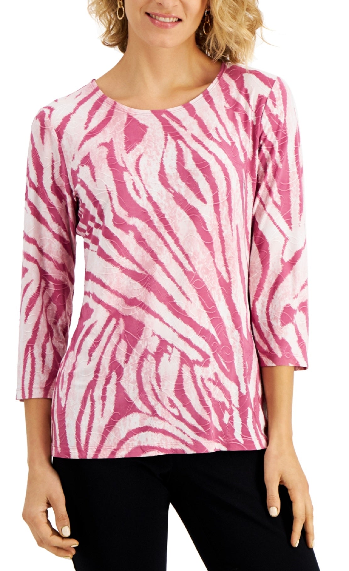 JM Collection Blusa feminina estampada em jacquard com manga 3/4, vermelha, tamanho pequeno médio