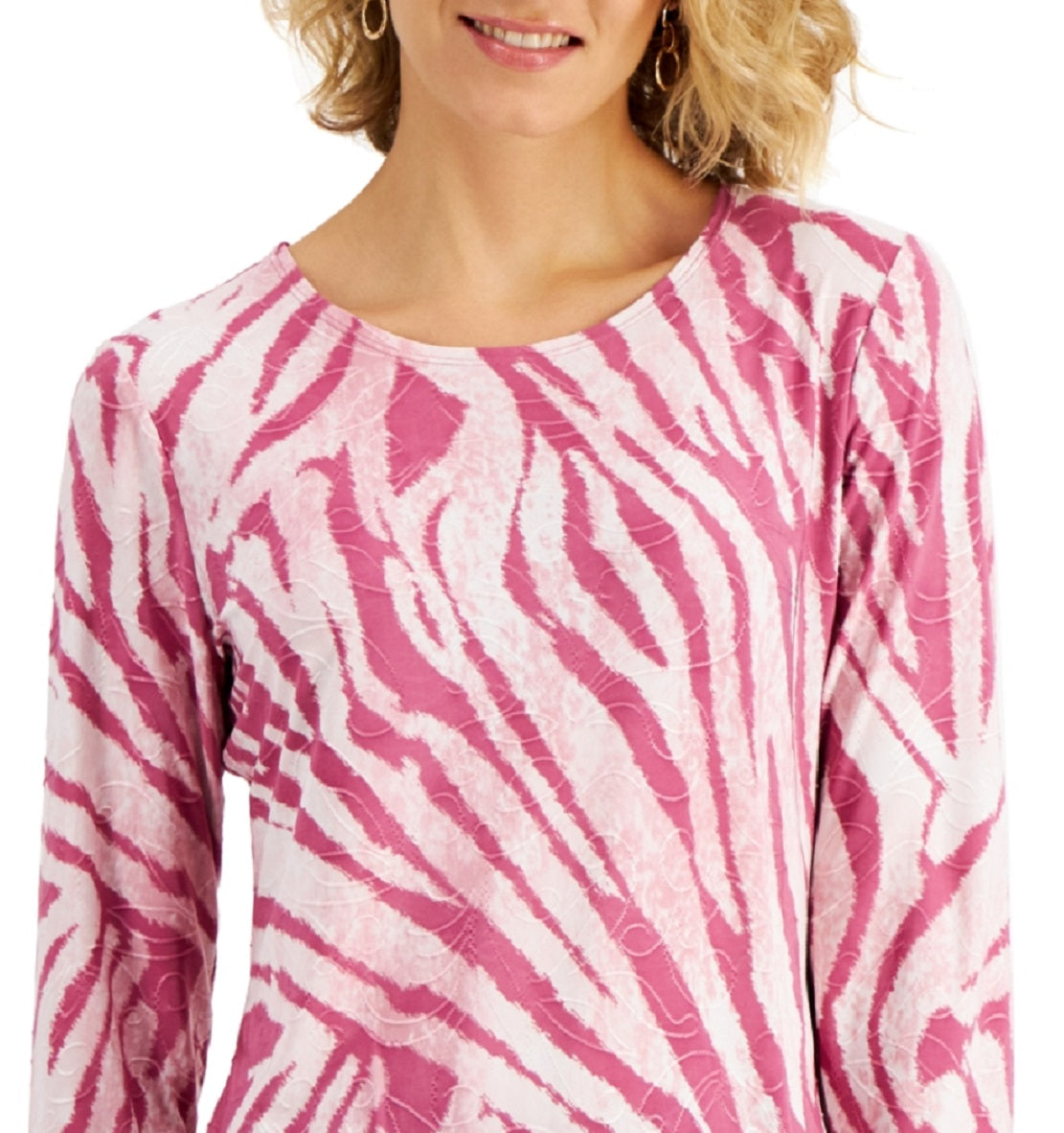 JM Collection Blusa feminina estampada em jacquard com manga 3/4, vermelha, tamanho pequeno médio