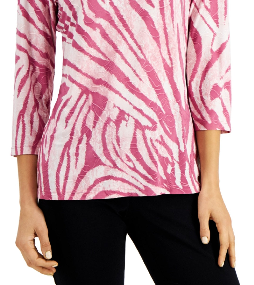 JM Collection Blusa feminina estampada em jacquard com manga 3/4, vermelha, tamanho pequeno médio