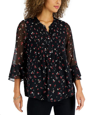 Top feminino estampado Charter Club Pintuck preto tamanho pequeno extragrande