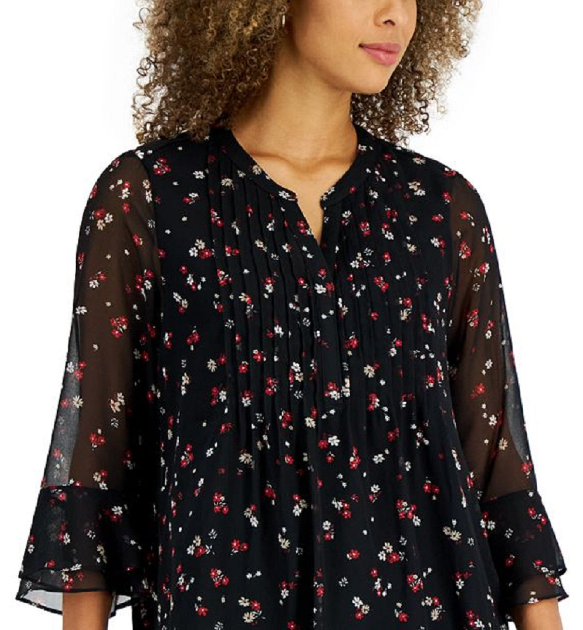 Top feminino estampado Charter Club Pintuck preto tamanho pequeno extragrande