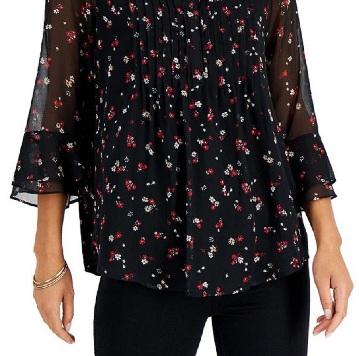 Top feminino estampado Charter Club Pintuck preto tamanho pequeno extragrande