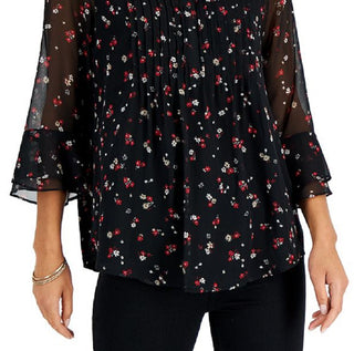 Top feminino estampado Charter Club Pintuck preto tamanho pequeno extragrande