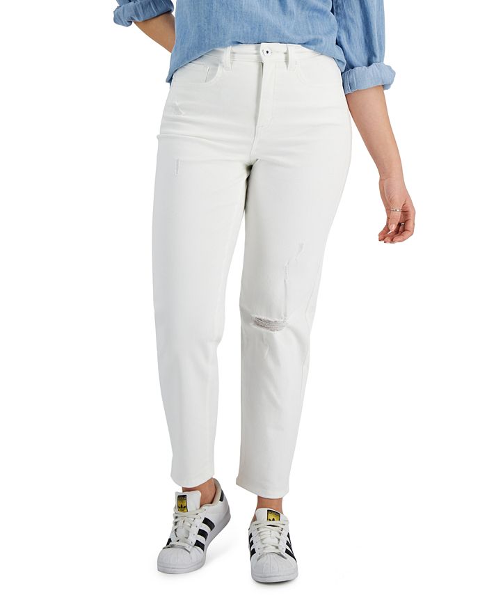 Calça jeans feminina estilo mom jeans reta destruída, branca, tamanho 14