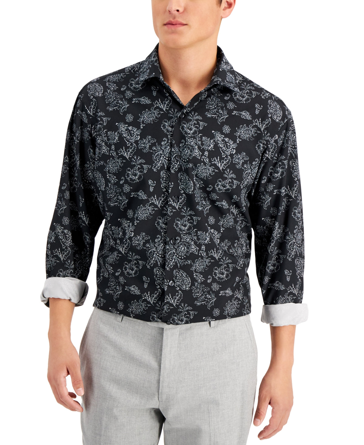 Camisa social masculina Alfani Regular Fit com elasticidade em 4 direções, preta, tamanho 14-14 1/2 32-33