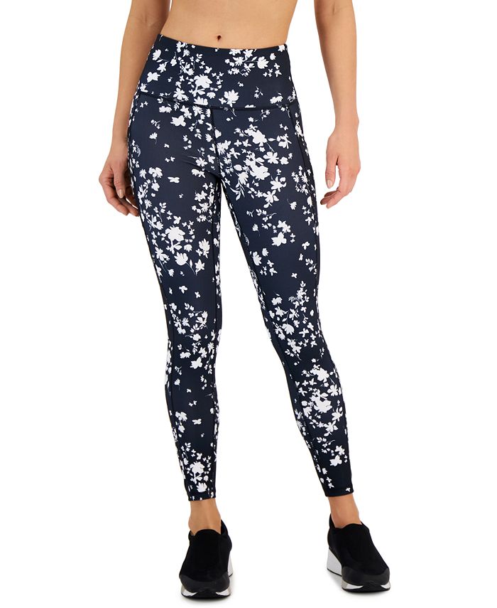 ID Ideology Leggings de compressão femininas com estampa floral e bolso lateral 7/8, pretas, tamanho médio
