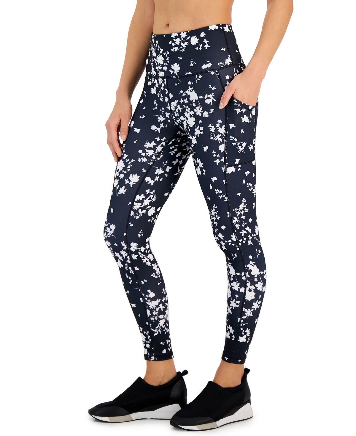 ID Ideology Leggings de compressão femininas com estampa floral e bolso lateral 7/8, pretas, tamanho médio