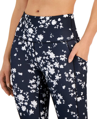 ID Ideology Leggings de compressão femininas com estampa floral e bolso lateral 7/8, pretas, tamanho médio