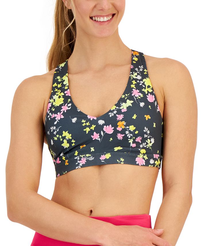 Sutiã esportivo feminino ID Ideology Active Pansy Print com alças nas costas e baixo impacto, cinza, tamanho X-S