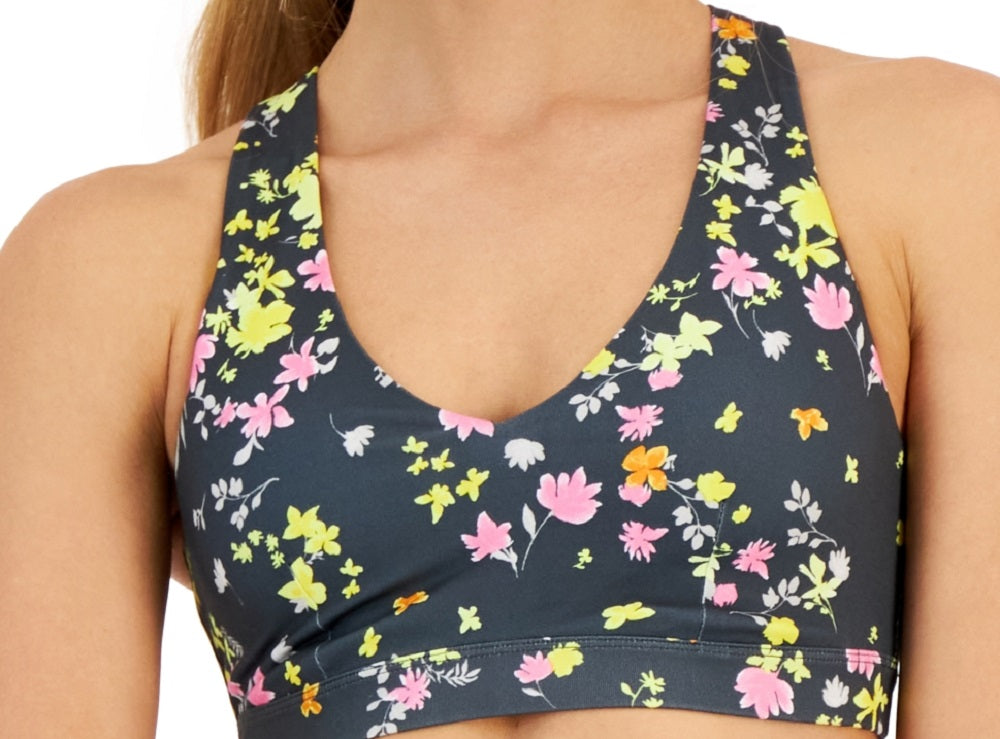 Sutiã esportivo feminino ID Ideology Active Pansy Print com alças nas costas e baixo impacto, cinza, tamanho X-S