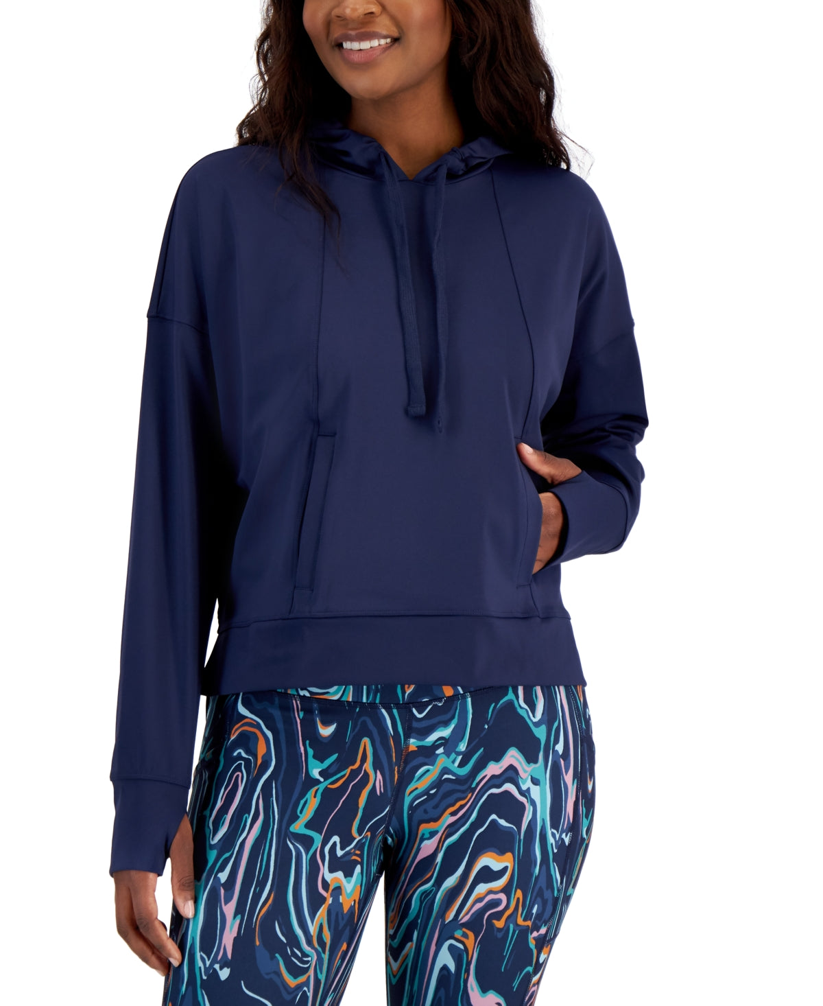 ID Ideology Moletom feminino relaxado com capuz tecnológico sólido azul tamanho médio
