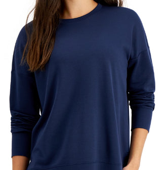 ID Ideology Top feminino com decote redondo e fenda lateral, azul, tamanho médio