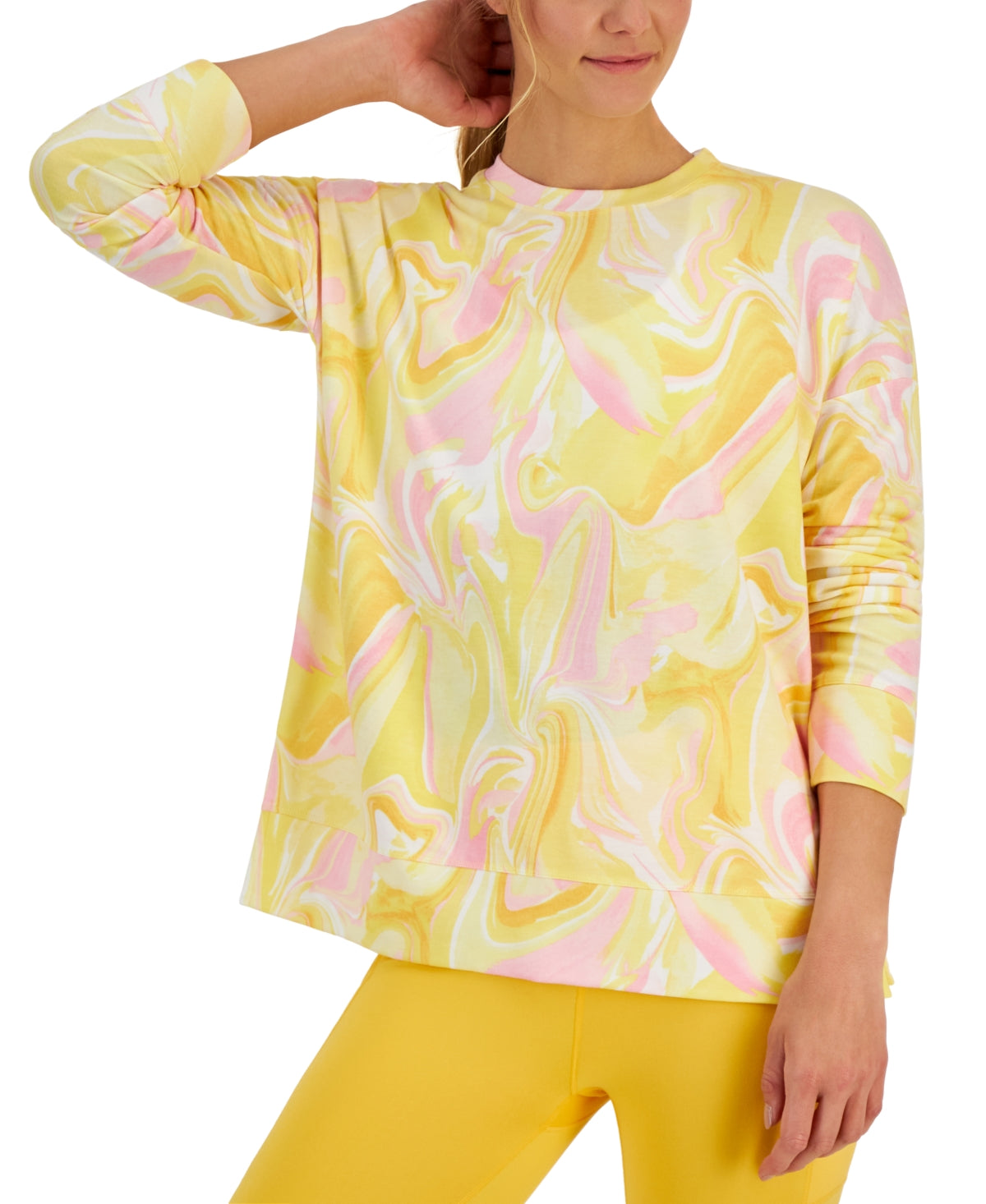 Id Ideology Moletom feminino Active Whirl-Print com gola redonda, amarelo, tamanho 2XL