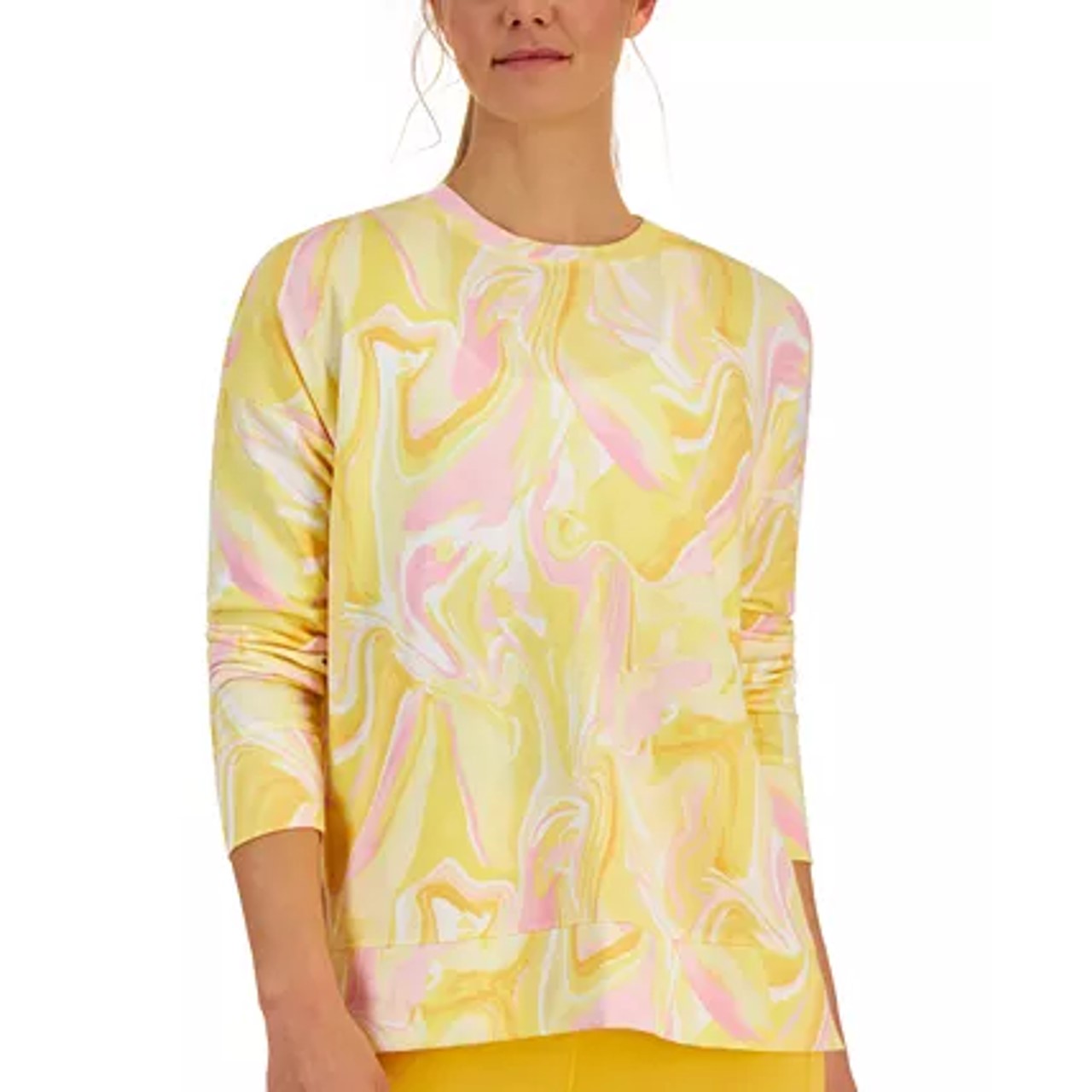 Id Ideology Moletom feminino Active Whirl-Print com gola redonda, amarelo, tamanho 2XL