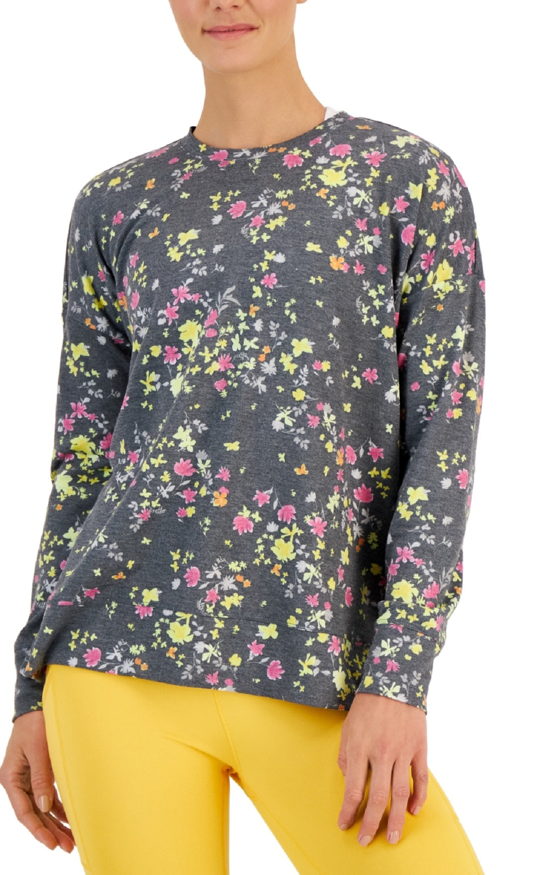 ID Ideology Moletom feminino com estampa de amor-perfeito ativo e fenda lateral, gola redonda relaxada, amarelo, tamanho extrapequeno