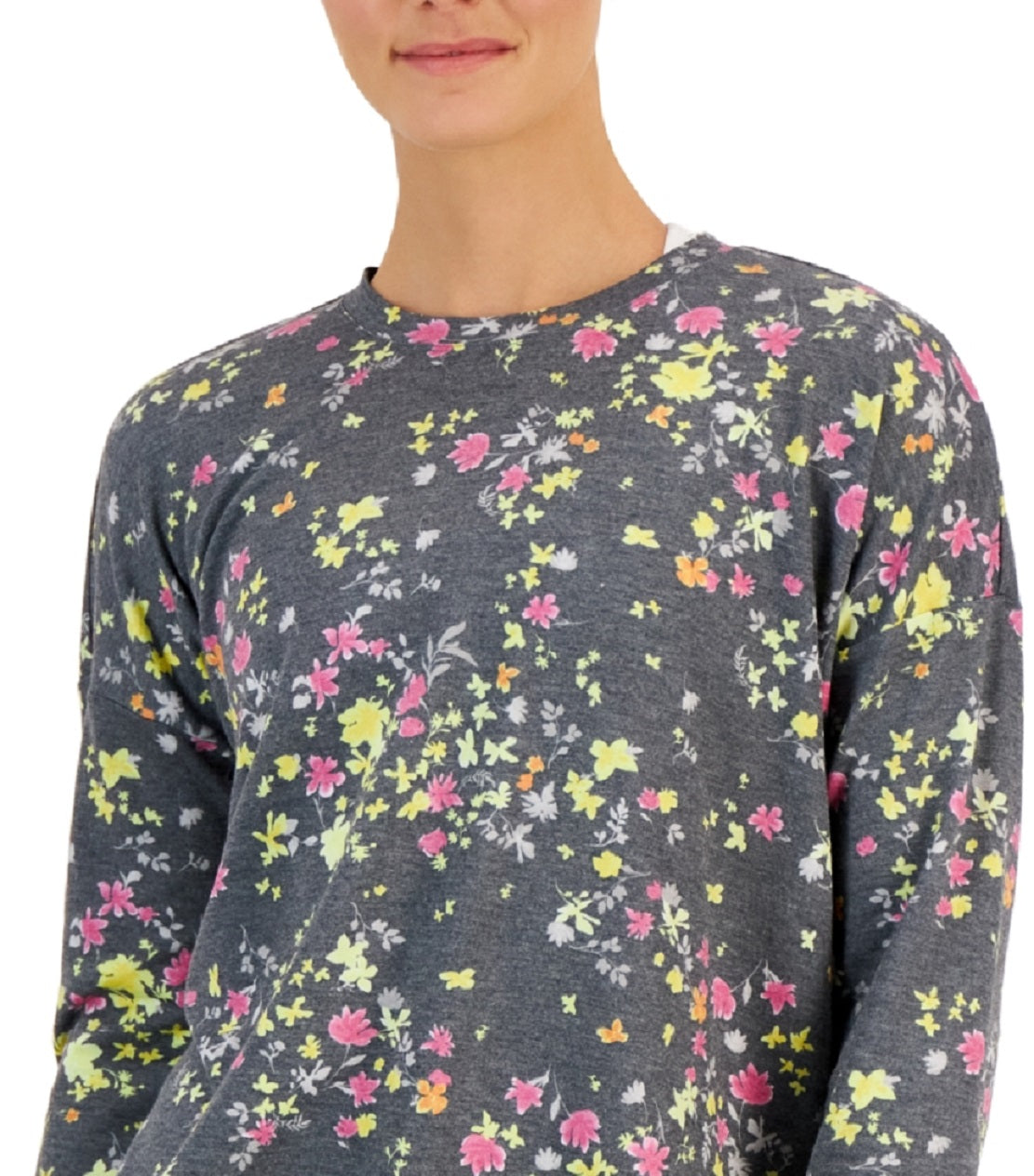 ID Ideology Moletom feminino com estampa de amor-perfeito ativo e fenda lateral, gola redonda relaxada, amarelo, tamanho extrapequeno