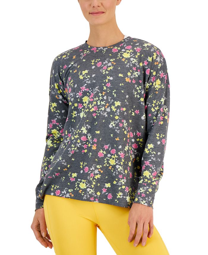 ID Ideology Moletom feminino com estampa de amor-perfeito ativo, fenda lateral, gola redonda relaxada, cinza, tamanho pequeno