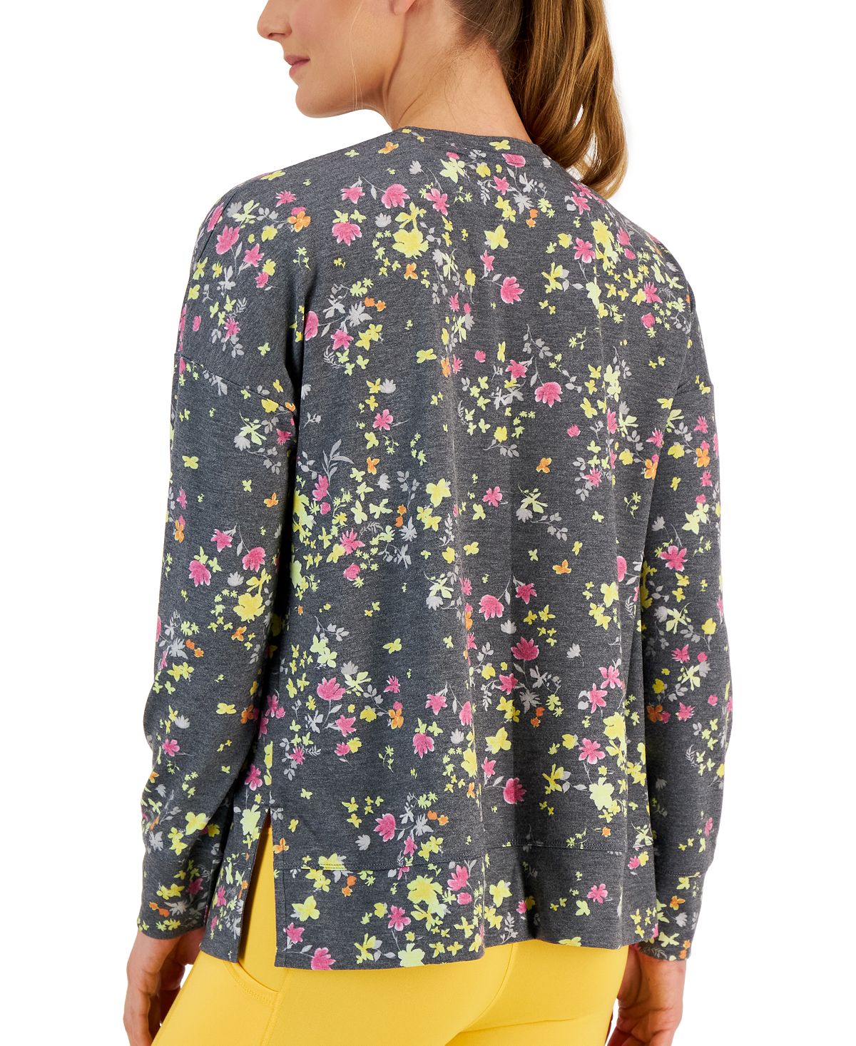 ID Ideology Moletom feminino com estampa de amor-perfeito ativo, fenda lateral, gola redonda relaxada, cinza, tamanho extragrande