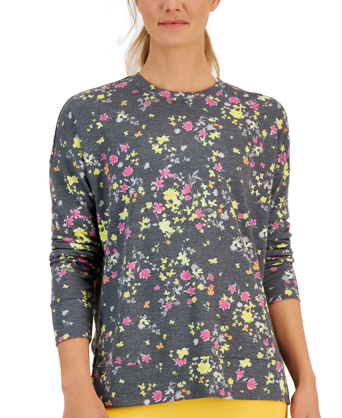 ID Ideology Moletom feminino com estampa de amor-perfeito ativo, fenda lateral, gola redonda relaxada, cinza, tamanho extragrande