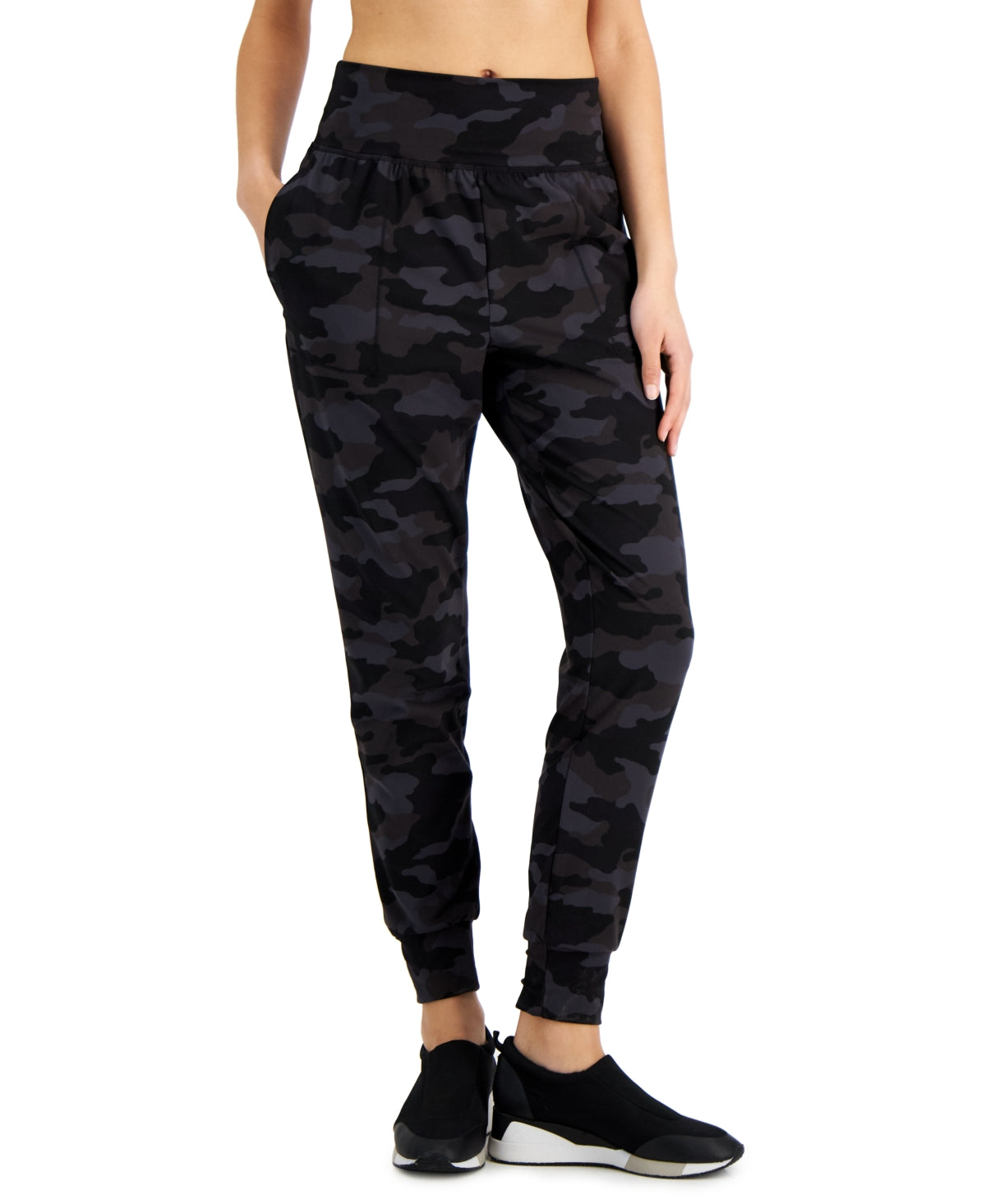 Calça de moletom feminina ID Ideology com estampa camuflada relaxada, preta, tamanho X-S