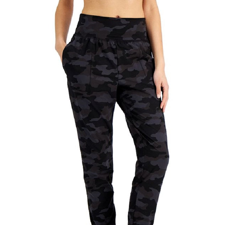 Calça de moletom feminina ID Ideology com estampa camuflada relaxada, preta, tamanho extragrande