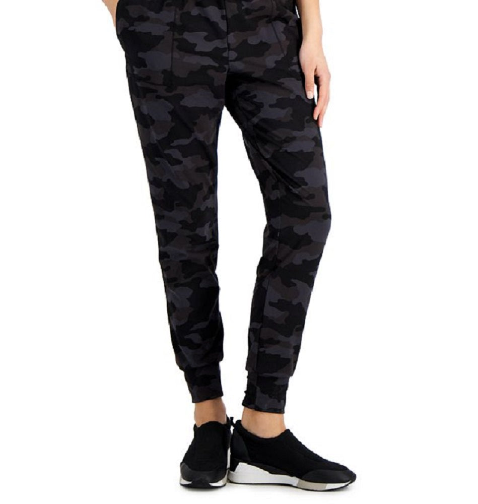 Calça de moletom feminina ID Ideology com estampa camuflada relaxada, preta, tamanho extragrande