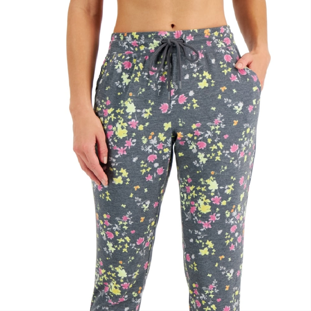 Calça de corrida feminina ID Ideology com estampa floral Pansy Slim Fit e cordão, cinza, tamanho grande