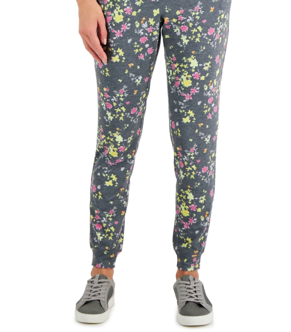 Calça de corrida feminina ID Ideology com estampa floral Pansy Slim Fit e cordão, cinza, tamanho grande