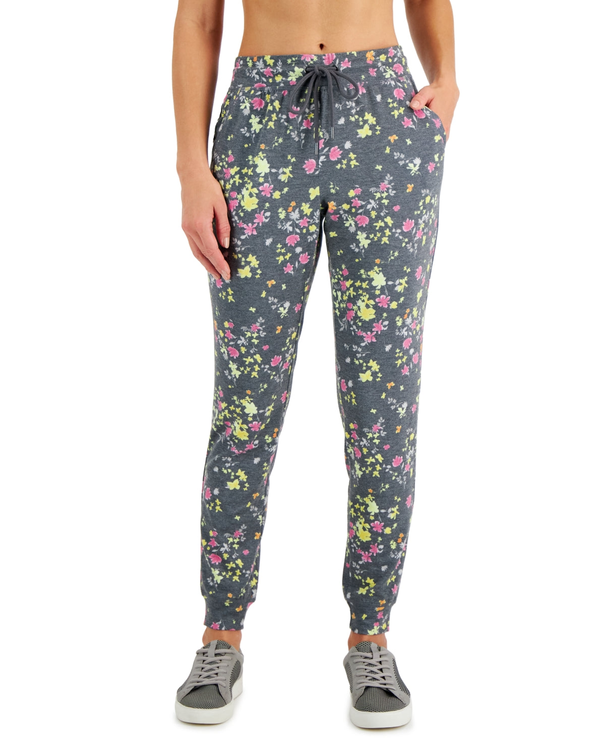 Calça de corrida feminina ID Ideology com estampa floral Pansy Slim Fit e cordão, cinza, tamanho grande
