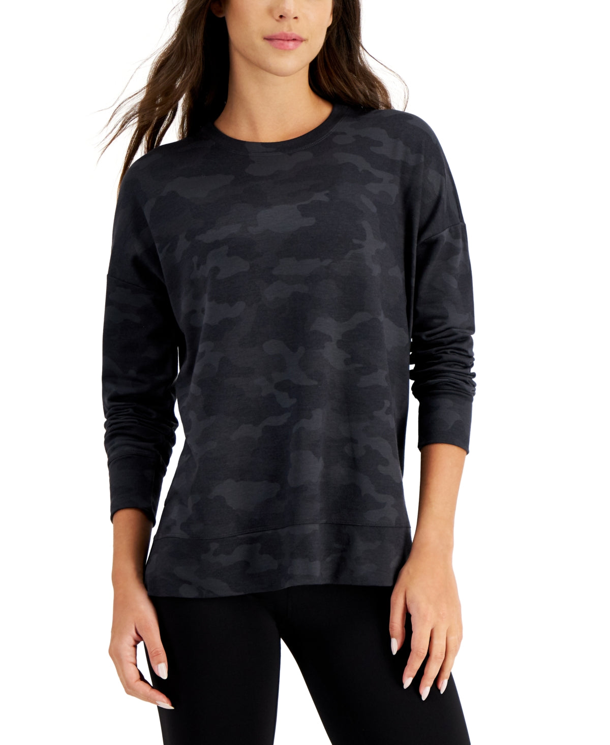 ID Ideology Pulôver feminino com gola redonda e camuflagem relaxada, preto, tamanho grande