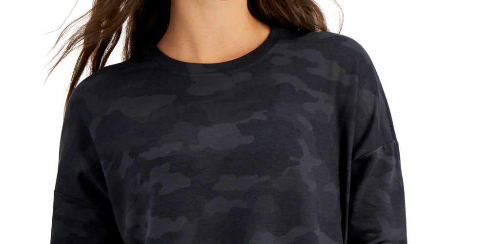 ID Ideology Pulôver feminino com gola redonda e camuflagem relaxada, preto, tamanho grande