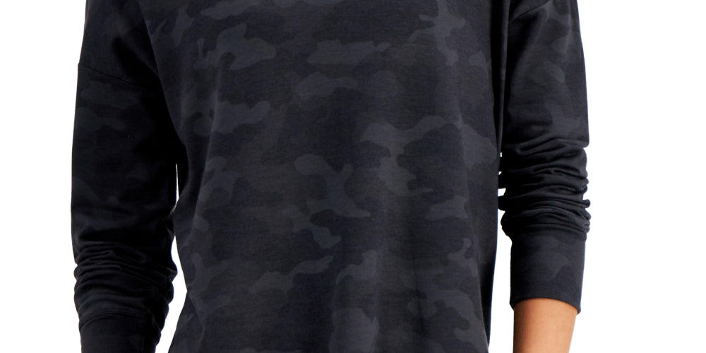 ID Ideology Pulôver feminino com gola redonda e camuflagem relaxada, preto, tamanho grande