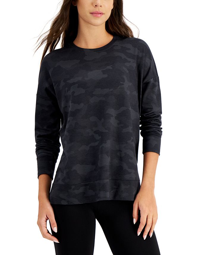 ID Ideology Pulôver feminino com gola redonda e camuflagem relaxada, preto, tamanho XX-G