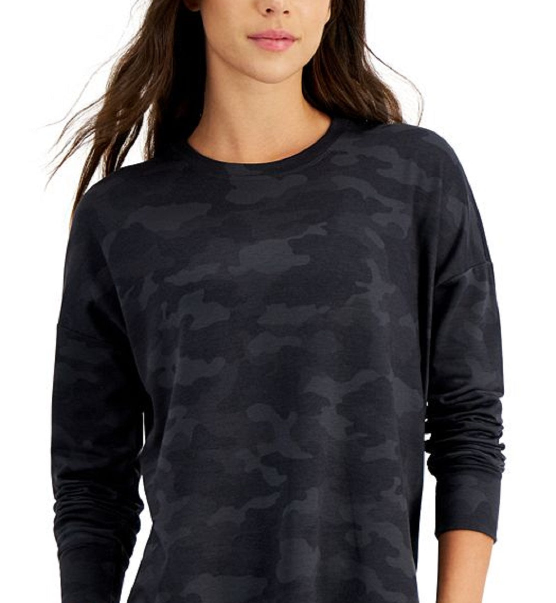 ID Ideology Pulôver feminino com gola redonda e camuflagem relaxada, preto, tamanho XX-G