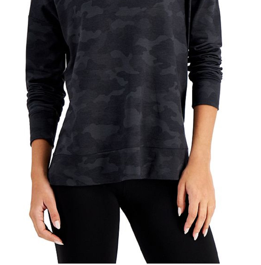 ID Ideology Pulôver feminino com gola redonda e camuflagem relaxada, preto, tamanho XX-G