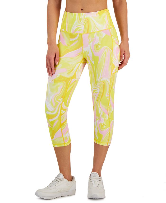 ID Ideology Leggings femininas de compressão com bolso lateral e corte curto, tamanho pequeno, amarelas