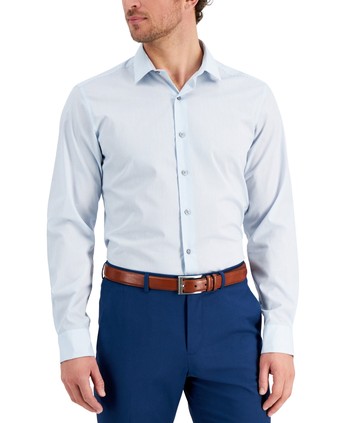 Camisa social listrada slim fit masculina Alfani azul tamanho médio