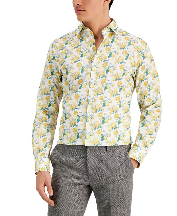 Camisa social masculina Bar III Slim Fit com estampa floral aquarela, amarela, tamanho extragrande