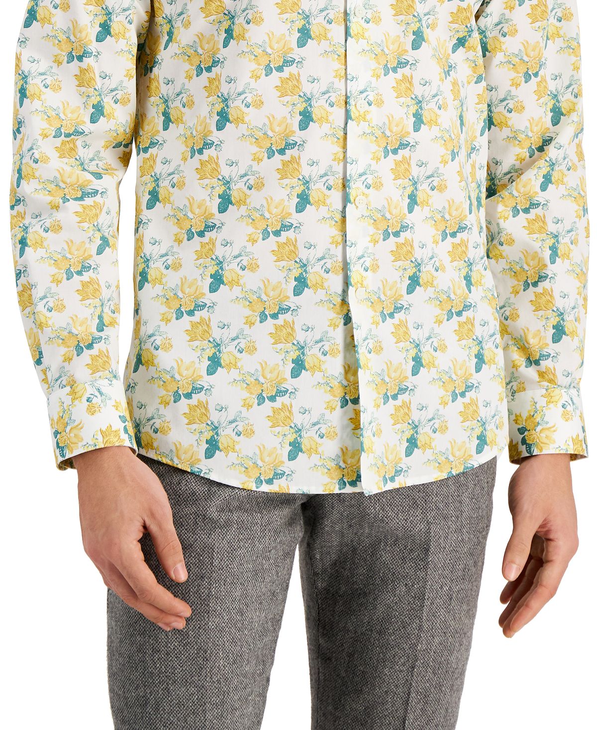 Camisa social masculina Bar III Slim Fit com estampa floral aquarela, amarela, tamanho extragrande