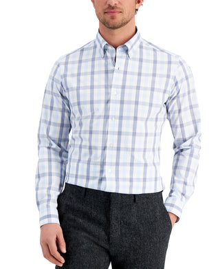 Club Room Men's Slim Fit 4 Way Stretch Gingham Dress Shirt Blue Size Small