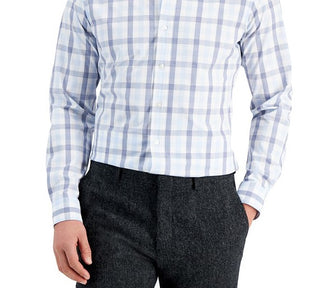 Club Room Men's Slim Fit 4 Way Stretch Gingham Dress Shirt Blue Size Large