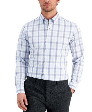Club Room Men's Slim Fit 4 Way Stretch Gingham Dress Shirt Blue Size Large