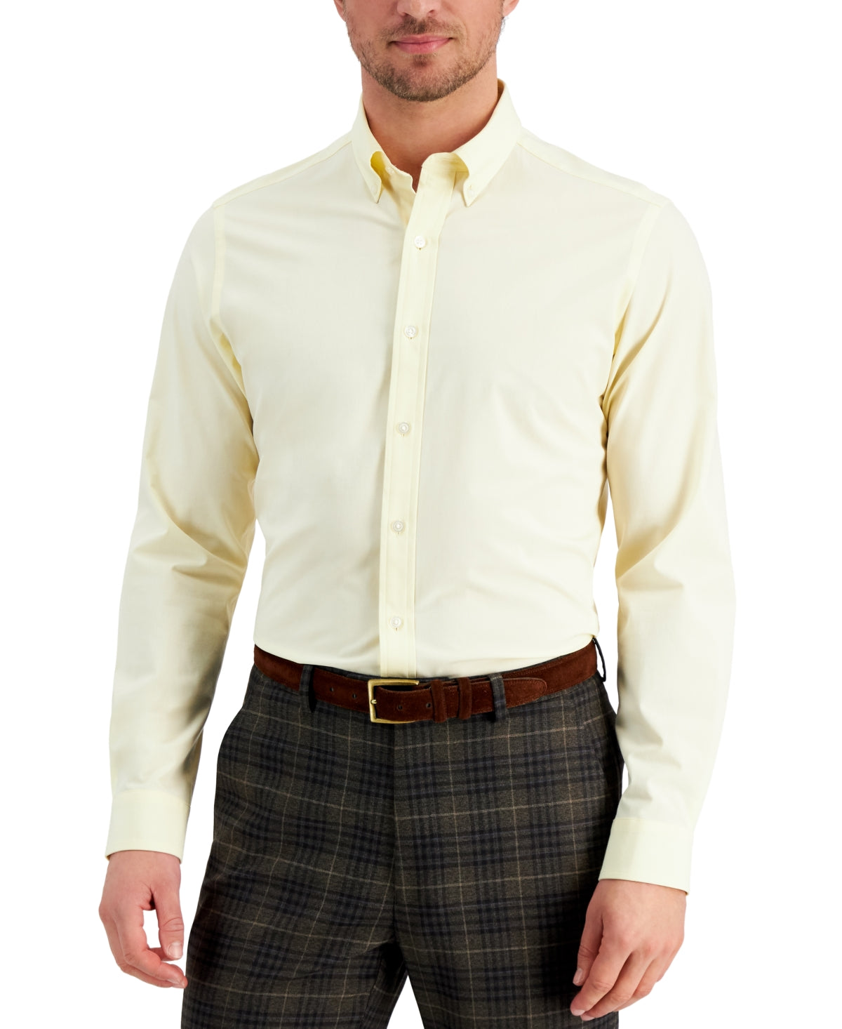 Camisa social masculina Club Room Slim Fit com elasticidade em 4 direções, amarela, tamanho XX-G