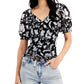 Blusa feminina estampada com manga bufante da INC International Concepts, preta, tamanho médio