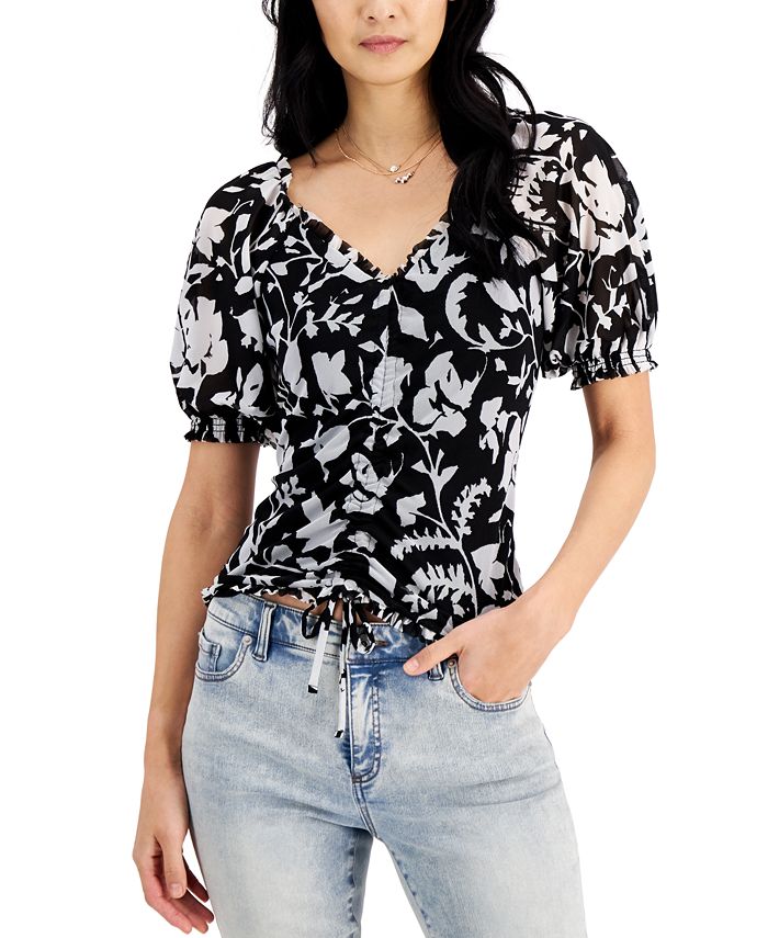 Blusa feminina estampada com manga bufante da INC International Concepts, preta, tamanho médio