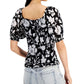 Blusa feminina estampada com manga bufante da INC International Concepts, preta, tamanho médio