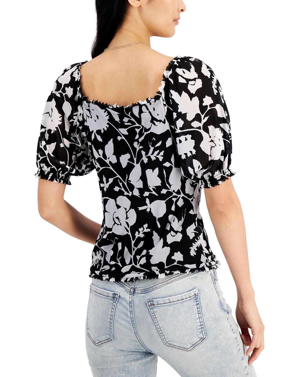 Blusa feminina estampada com manga bufante da INC International Concepts, preta, tamanho médio